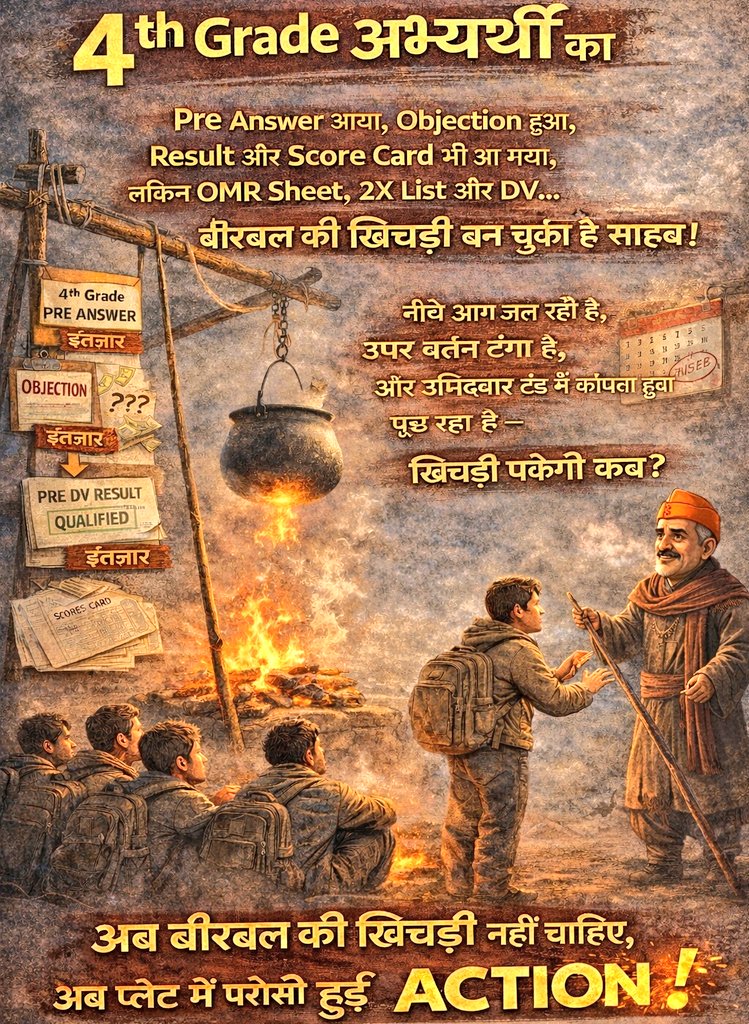 🇮🇳🎭✍️🙏 ✅️✅️✅️ 4th grade का Exam हुआ, Pre Answer Key आयी, Objection हुआ, Pre DV Result भी आ गया, Score Card हाथ में है, फिर भी उम्मीदवार सिर्फ़ इंतज़ार में बैठा रह गया। OMR Sheet, 2X List और DV अब भी बहुत दूर है। हर पडाव पूरा हो गया, तो आख़िरी पडाव कब शुरू होगा ❓️ सिस्टम