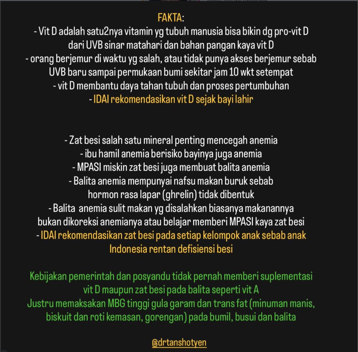 IDAI Rekomenasikan Vit D sejak lahir
IDAI rekomendasikan zat besi pada setiap kelompok anak karena rentan defisiensi

Eh....
Pemerintah maksain MBG tinggi Gula Garam dan trans fat (minuman manis, biskuit, roti kemasan dan gorengan ) pada bumil, busui dan balita