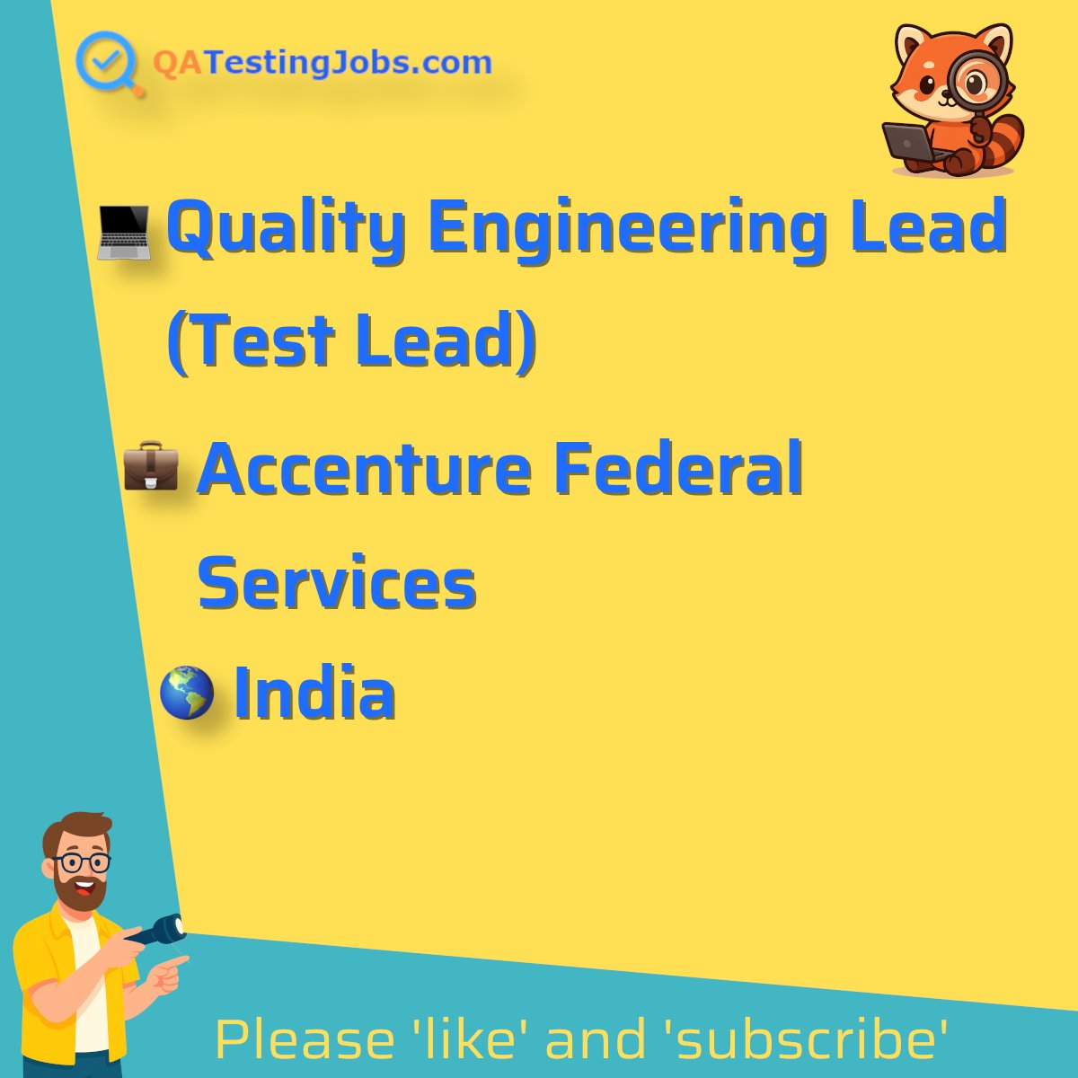QATestingJobs's tweet photo. Title: Quality Engineering Lead (Test Lead)
Company: Accenture Federal Services
Country: India
City:
Employment Type: full-time
Location: onsite
Remote/Onsite: onsite
Visa Support:
Link: https://t.co/RObBxKmn6S
#automatedtestingtools #defectresolution #defecttrackingtools #ecosystemintegration #endtoendtestingstrategies #guidewirepolicycenterqa #metricsdefinition #qualityengineeringlead #qualityprocesses #subjectmatterexpert #teamleadership #testexecutionmonitoring #testlead #testplandevelopment #testingmethodologies #softwaretesting #jobs #qualityassurance #software #testing #tester #testlead #automation #test #engineer #ai #selenium #playwright