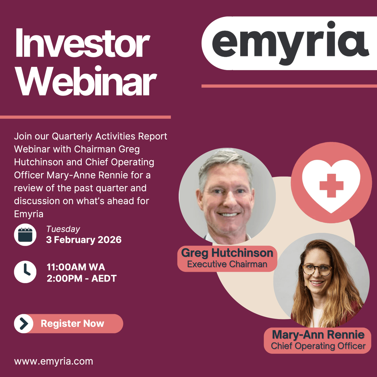 emyriaglobal's tweet photo. Join Emyria’s Executive Chairman, Greg Hutchinson and
COO, Mary-Ann Rennie for an investor webinar to  discuss the Company's December quarterly activities and outlook for the coming quarter. Tuesday 3 Feb at 11am AWST / 2pm AEDT. Register to attend: https://t.co/2r1rLwHOme https://t.co/xZ7Yk5Pjxh