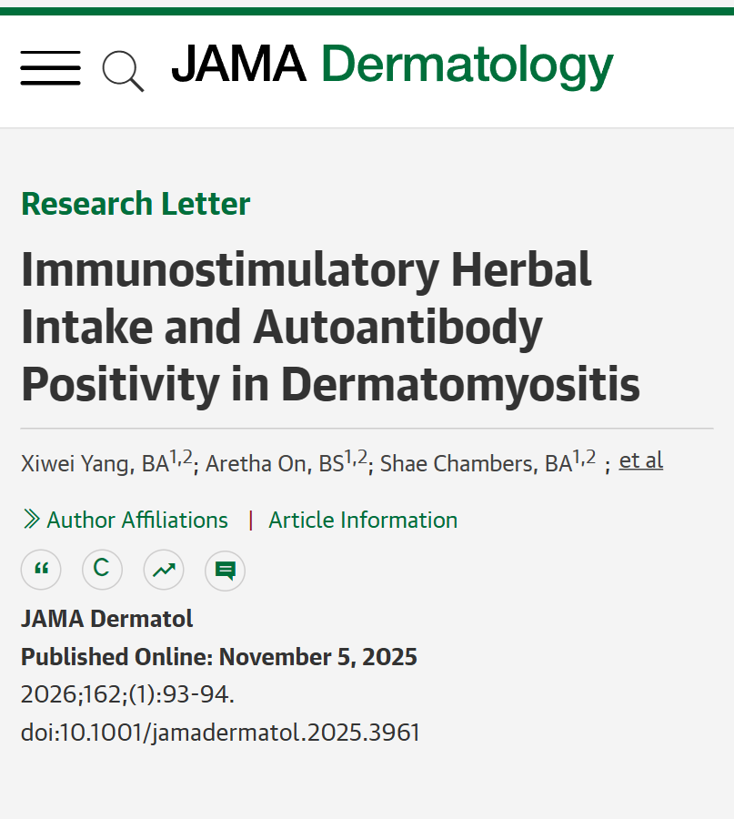 JAMADerm's tweet image. Use of immunostimulatory herbs prior to dermatomyositis onset is linked to lower rates of myositis-specific, myositis-associated, and antinuclear autoantibody positivity. ja.ma/4adiIgJ
