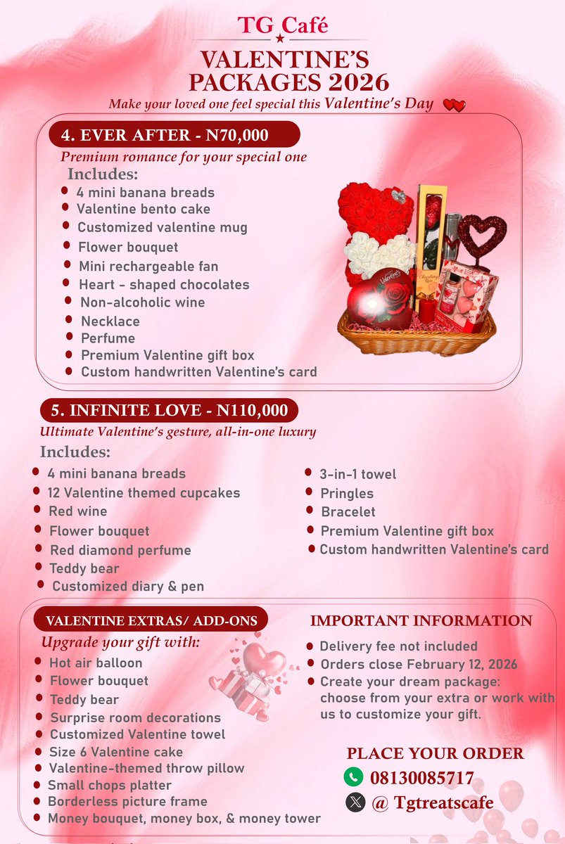 Here are the best Valentine packages on this app — and you know how we do it😌

Buy from the best! Buy from TG!

Send a DM to place order.
Orders close Feb 12📍Ibadan