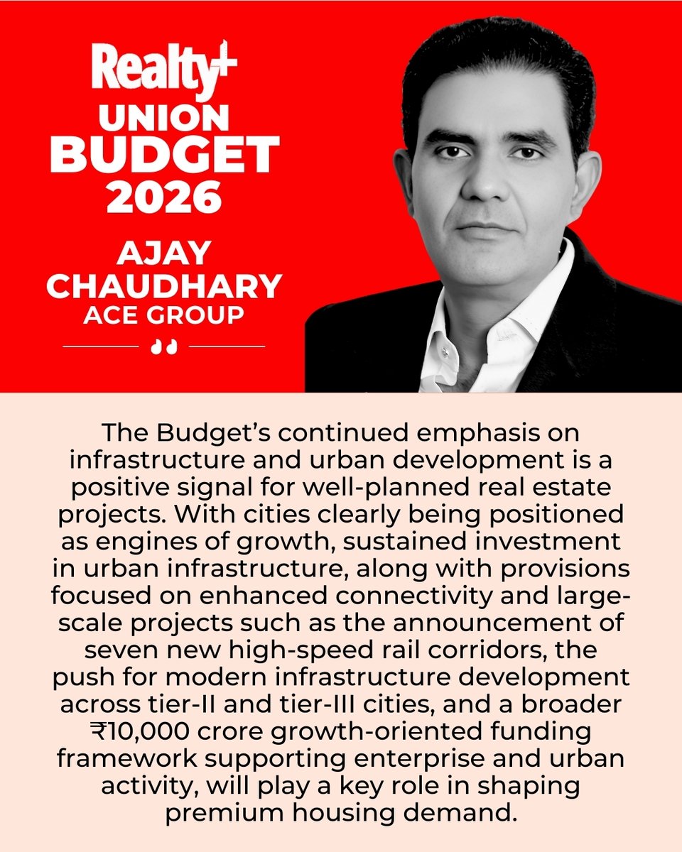 RPRealtyPlus's tweet image. Ajay Chaudhary – Founder, Chairman &amp;amp; Managing Director, ACE Group

💬 How do you see infrastructure-led growth under Union Budget 2026 influencing premium housing demand across emerging cities?

Share your views👇

#UnionBudget2026 #Budget2026 #ACEGroup #InfrastructureGrowth