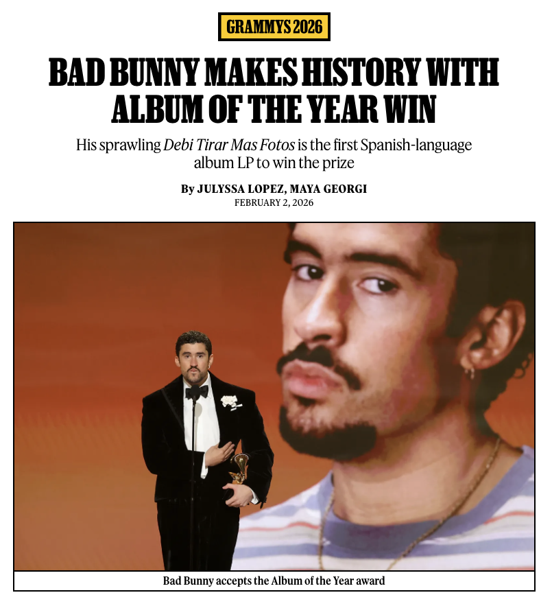 Bad Bunny has made history by taking home the Grammy for Album of the Year for his nostalgic LP Debi Tirar Mas Fotos. This is the first time the Grammy’s biggest award has gone to a project entirely in Spanish.

#GRAMMYs rollingstone.com/music/music-ne…