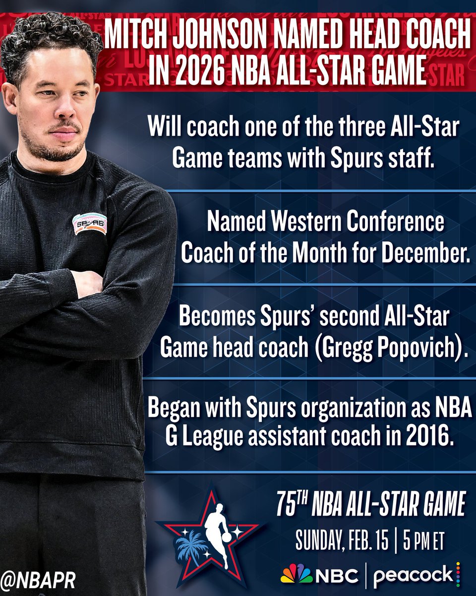 TheSteinLine's tweet photo. San Antonio’s Mitch Johnson has clinched the other All-Star coaching spot opposite Detroit’s J.B. Bickerstaff.

Oklahoma City’s Mark Daigneault was ineligible after coaching in the 2025 All-Star Game. https://t.co/lTDXRdfE4S