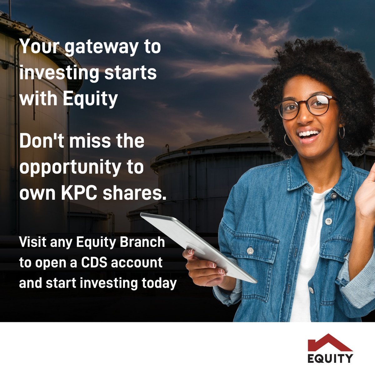 KeEquityBank's tweet photo. Ready to invest in shares? Start by opening your free CDS account at any Equity Branch.
Our team will walk with you step‑by‑step to ensure you’re fully set up and confident in your investment journey.

#KPCShares #CDSAccount #EquityBank #Investments https://t.co/Df0BTAyBL6