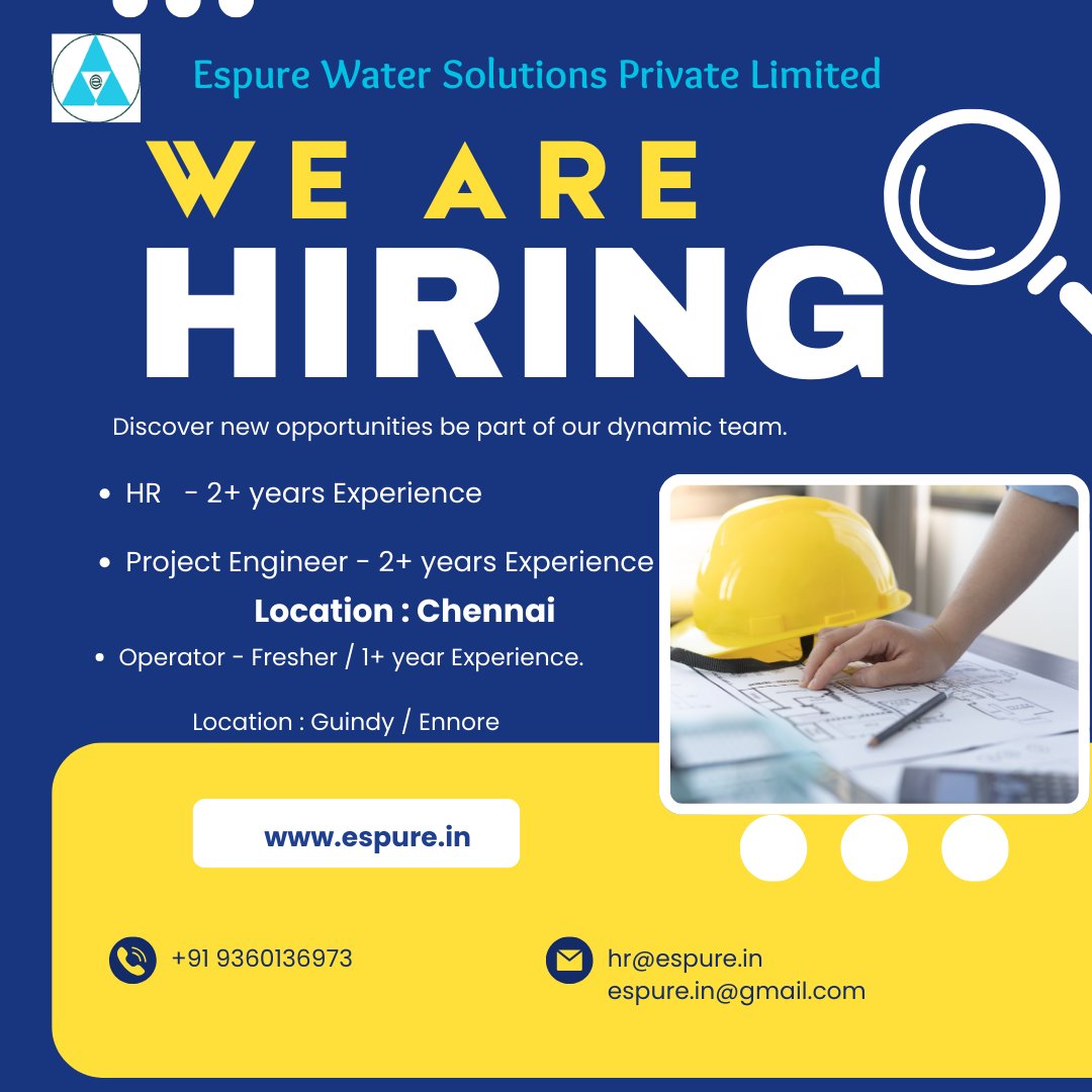EspureS's tweet photo. We are Hiring !
Contact: +91 9360136973
Email : hr@espure.in , espure.in@gmail.com
https://t.co/pSotEPapXt
#espure #espurewatersolutions #watertreatmentcompanyinchennai https://t.co/fS5ccFJ0iu