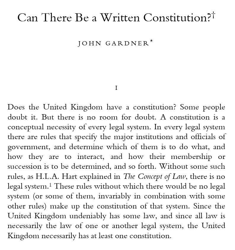 RichardAlbert's tweet photo. 🤩 One of my favorite papers about constitutions, written by one of my favorite teachers ever.

The question the late John Gardner seeks to answer is whether constitutions can "be, or be contained in, documents."

Beautifully written and reasoned, this paper will stretch your mind.

Full text here: https://t.co/2AgbMKHDqt