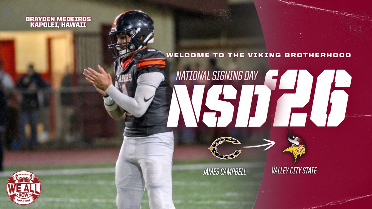 VCSU_Football's tweet photo. 🟥 Brayden Medeiros
🏈 Quarterback
📏 6’0 | 210
🏫 James Campbell High School
📍 Kapolei, HI

Brayden brings experience and production to the quarterback room. He threw for 1,838 yards and 21 TDs adding another scoring threat to our offense.  
#VikingPride #WEALLROW https://t.co/VfrrivlcSY