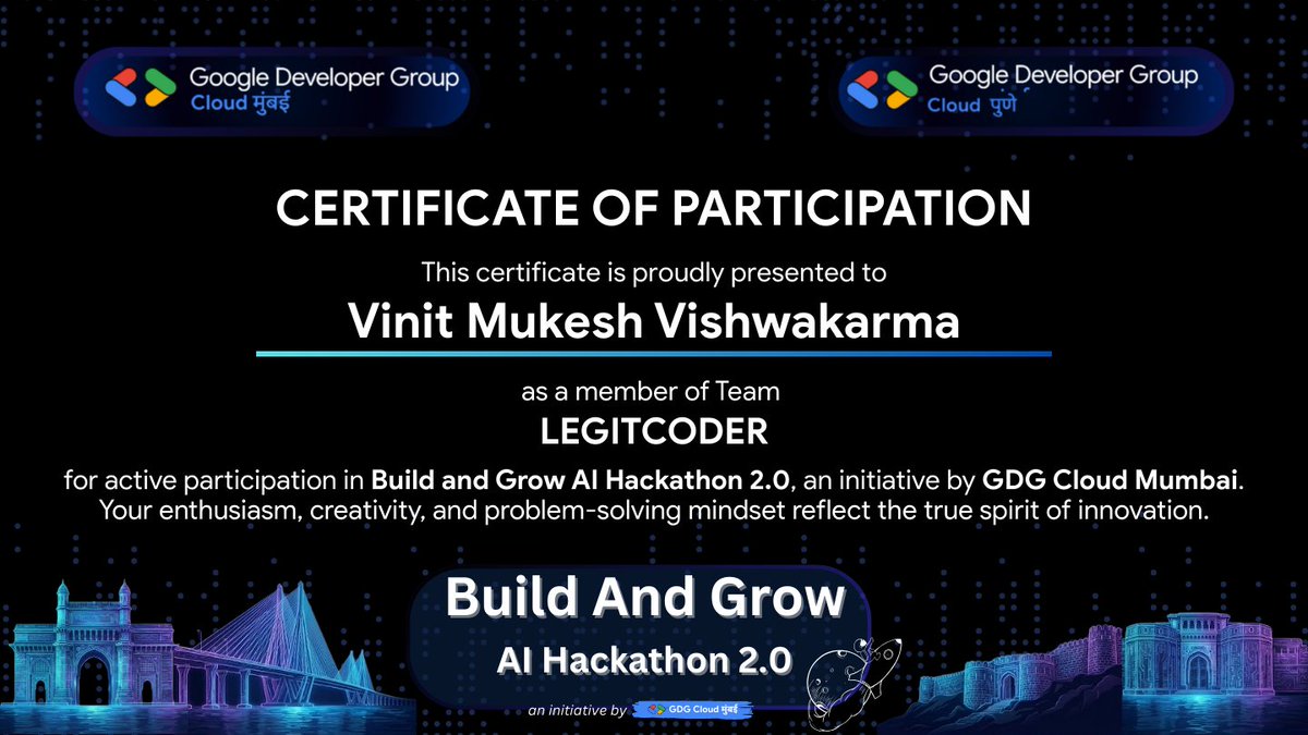 vvinit594's tweet photo. π Certified!
Received a Certificate of Participation for Build & Grow AI Hackathon 2.0 by GDG Cloud Mumbai π
Great learning, collaboration & problem-solving experience!
#AIHackathon #GDGCloud #BuildInPublic #Learning #Certified https://t.co/x6T2n4pWub
