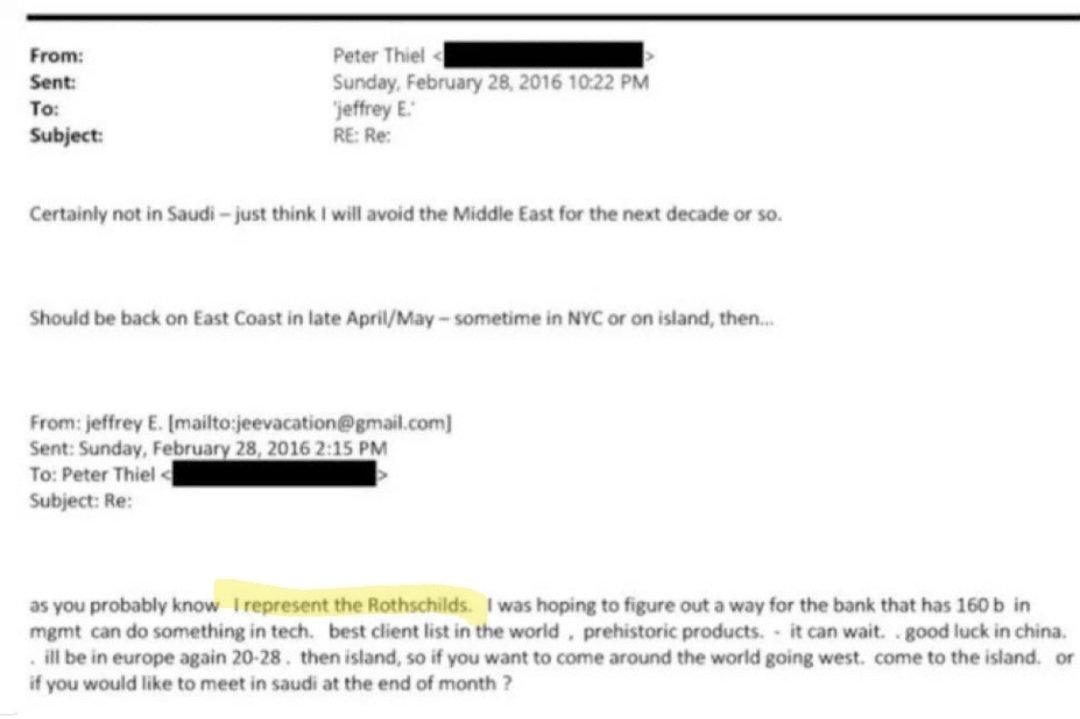 Epstein in an email to Peter Thiel: “As you probably know, I represent the Rothschilds…”

Yeah, the Rothschilds—the same banking dynasty that basically engineered modern Israel via the Balfour Declaration.

The very same Rothschilds whose creepy mansion showed up in Eyes Wide