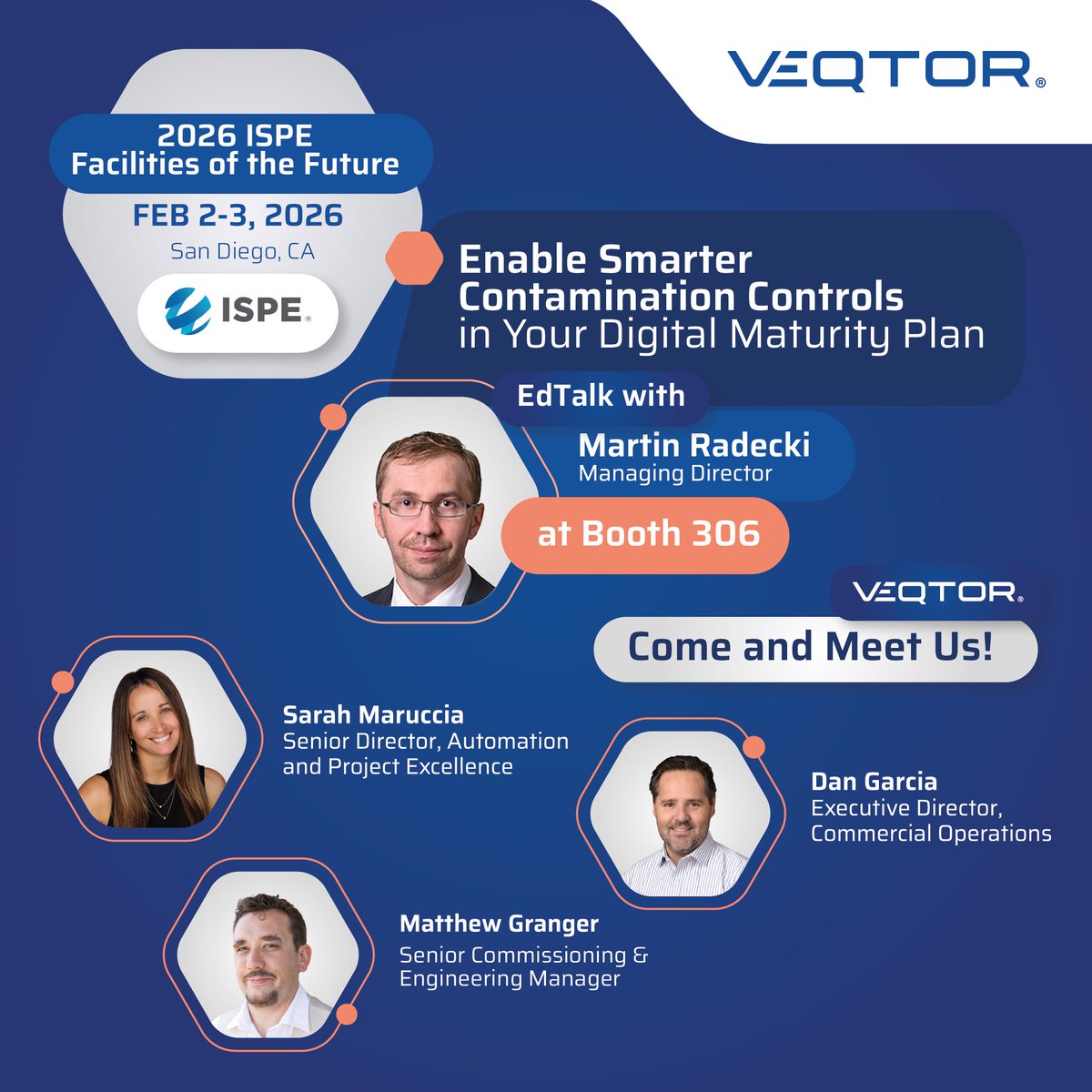 InfoVeqtor's tweet photo. Early today stop by VEQTOR’s booth 306 at ISPE Facilities of the Future 2026. Learn when our Managing Director Martin Radecki’s EdTalk will happen!!!!

This session titled “Enable Smarter Contamination Controls in Your Digital Maturity Plan,” connects contamination control and prevention strategies to People + Technology + Process. Martin will cover smarter contamination controls inherent to digital maturity planning, key business drivers, simplifying CCS assessments, as well as planning and implementation.

While visiting our booth meet the VEQTOR team:

Sarah Maruccia – Senior Director, Automation and Project Excellence
Daniel Garcia – Executive Director, Commercial Operations
Matthew Granger – Senior Commissioning & Engineering Manager

Discuss practical approaches to digital maturity, automation, and facility performance.

#ISPE #FacilitiesOfTheFuture #ContaminationControl #Automation #DigitalTransformation