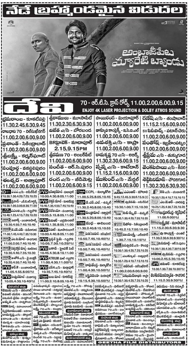 MoviesUpdatez's tweet image. #2YearsForAmbajipetaMarriageBand

Hyderbad, Devi70 14 Days Run.

Replaced With #Drill 

@TheBunnyVas @ActorSuhas @Shivani_Nagaram @mahaisnotanoun @DheeMogilineni @KalyanKodati @GA2Official @Mahayana_MP

A Film By @Dushyanth_dk #AmbajipetaMarriageBand