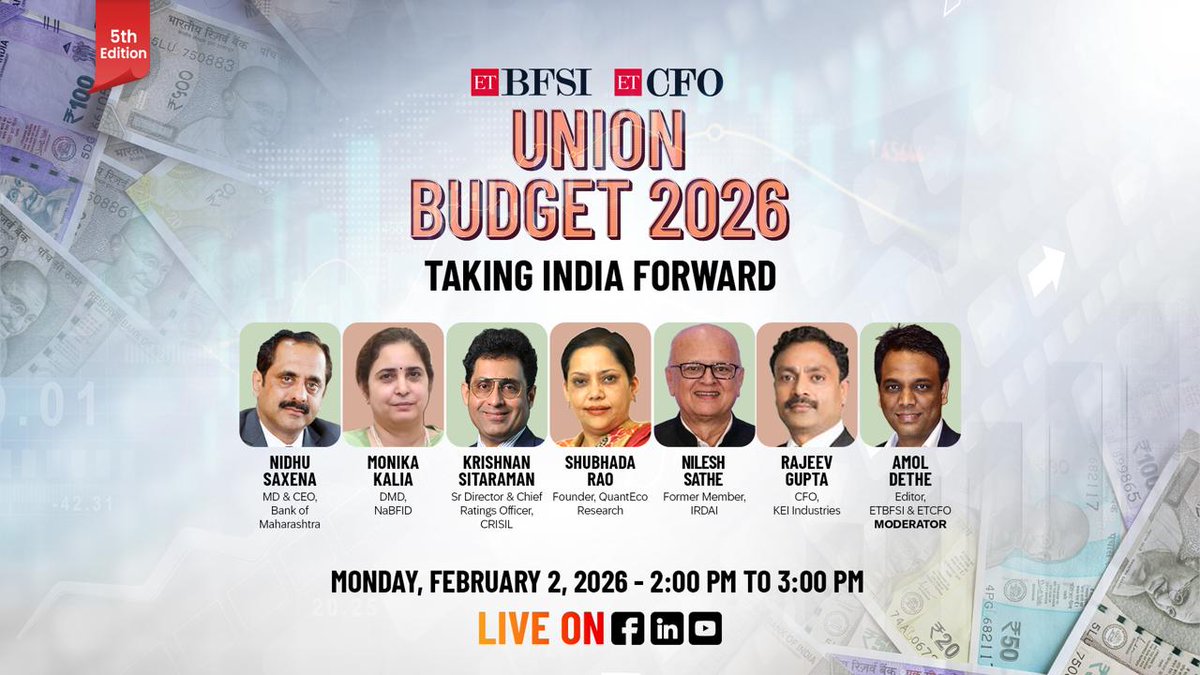 ETBFSI's tweet photo. Budget Series Live: What Budget 2026 means for BFSI and Finance Leaders
Moderated by: @amoldethe, Editor, @ETBFSI & @et_cfo.
#Budget2026 #BFSILeaders #FinanceLeaders #ETBFSIBudgetSeries #UnionBudgetAnalysis #IndianEconomy #FiscalPolicy
https://t.co/vV2bEwy1h6 https://t.co/t7rCfisf7E