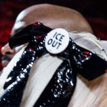 Lady Gaga wearing an “ICE OUT” pin at the #GRAMMYs