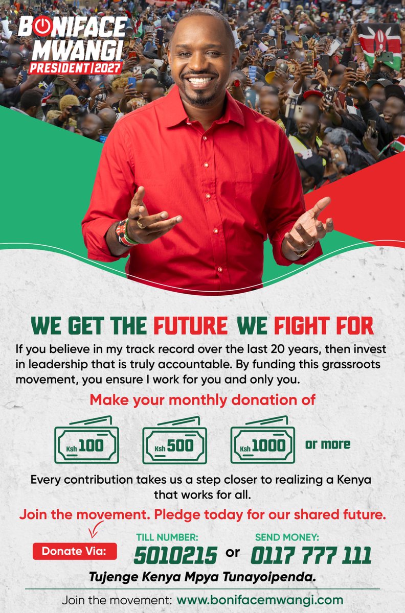 bonifacemwangi's tweet photo. After 20 yrs fighting for justice on streets, I'm taking the fight to the ballot box. Running for President in 2027 to build a Kenya that works for us &amp; our kids.
This is a grassroots movement powered by you. Join with a monthly pledge if you can.
Let’s make history together. 🇰🇪 https://t.co/NVXVuhD9Sj
