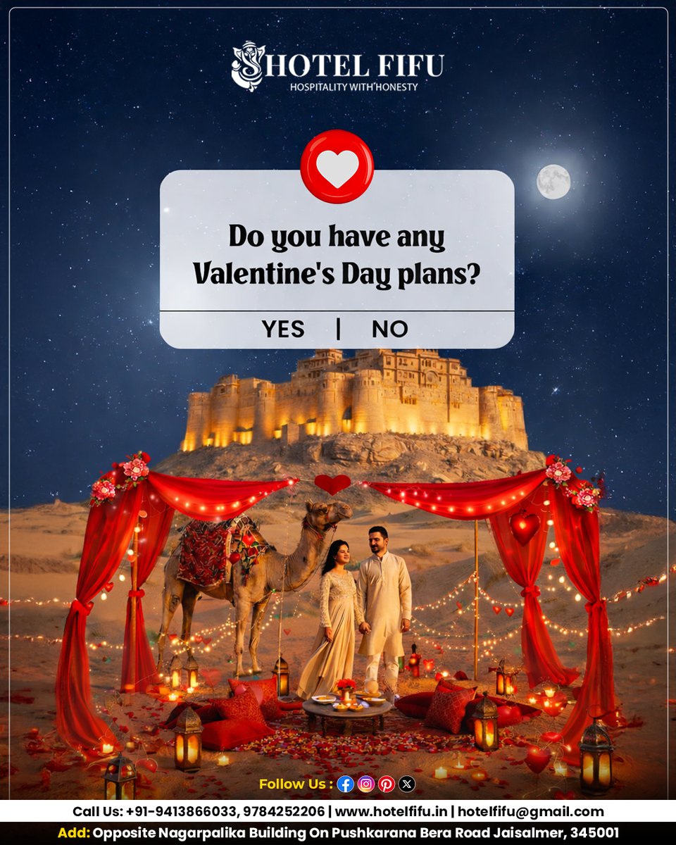 hotel_fifu's tweet photo. Turn your Valentine’s Day into a royal love story under the stars. 🌙❤️

📞 Call: +91-9413866033 | 9784252206

#ValentinesAtHotelFifu #RomanticGetaway #DesertRomance #LuxuryStay #LoveInJaisalmer https://t.co/RzKbBVFmsk