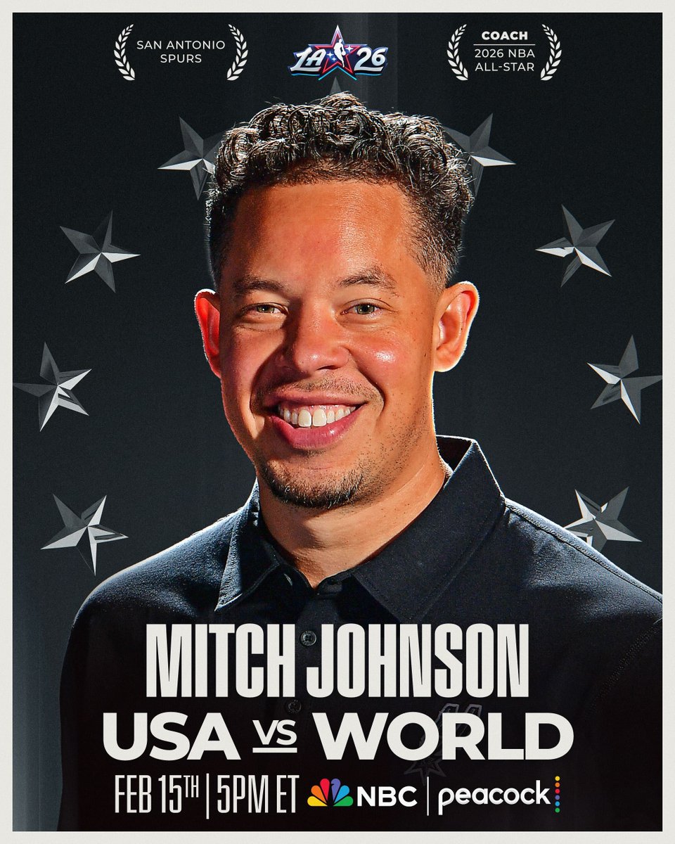 Spurs head coach Mitch Johnson will represent the West in coaching one of the three teams in the 2026 NBA All-Star Game (Sunday, 2/15 on NBC & Peacock).