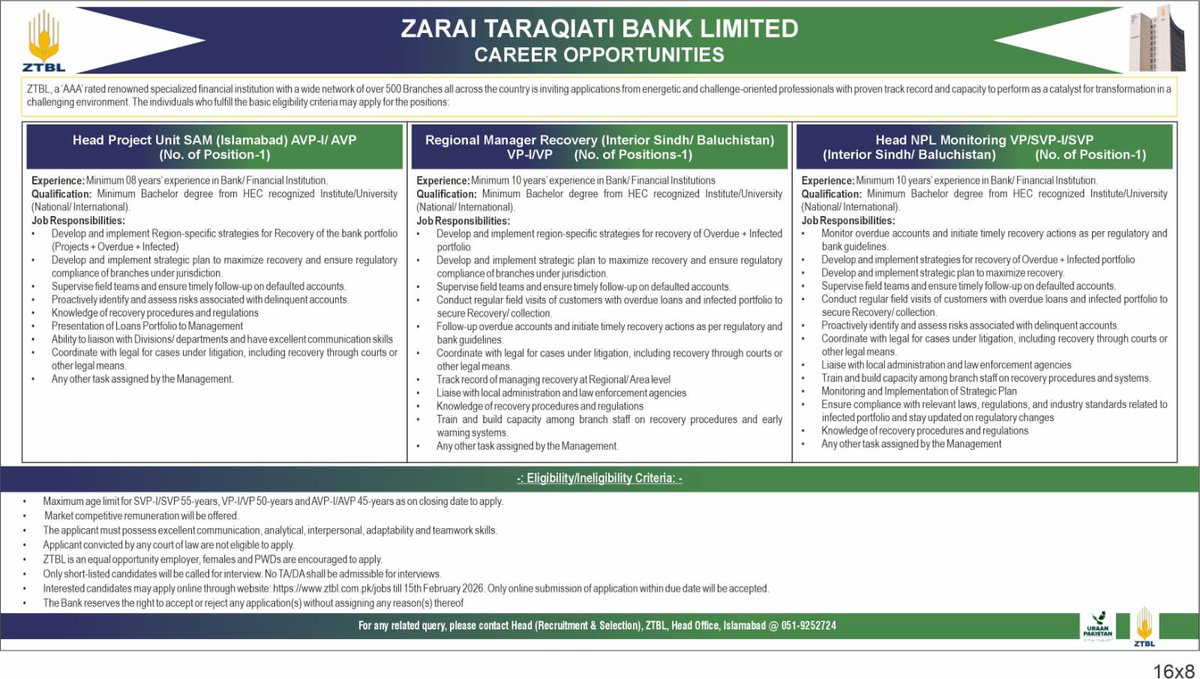 MediaZtbl's tweet photo. ZTBL is hiring!
Join Zarai Taraqiati Bank Limited and be part of a leading financial institution driving agricultural and rural development in Pakistan.
Apply online before the deadline.

#ZTBL #CareerOpportunities #BankingJobs #PakistanJobs #AgriculturalFinance #ZTBLCareers https://t.co/AeJyeF8Hcc