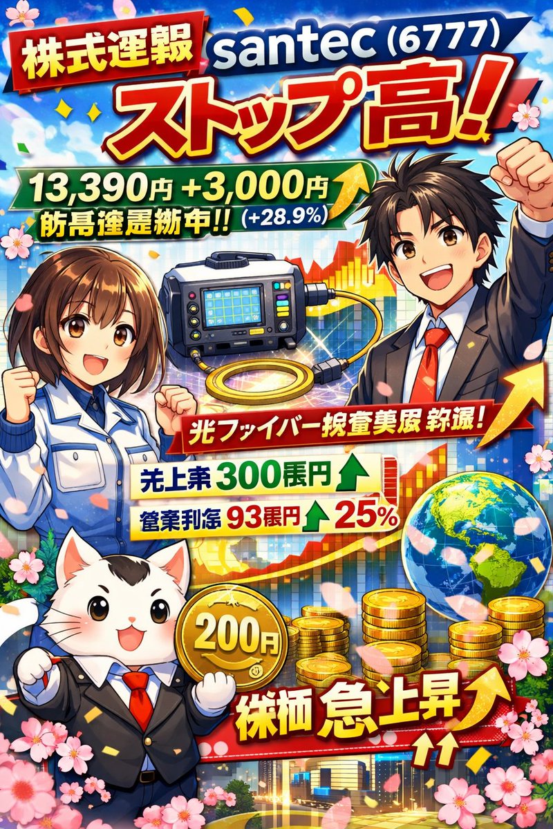 Rabbit_Feel's tweet image. 【株式速報】📈
■ｓａｎｔｅｃ（6777）ストップ高！📊✨
13,390円 +3,000円 (+28.9％)
新高値更新中⏫
光測定器や光関連部品を手掛けるｓａｎｔｅｃが好調な業績を背景に急上昇！🌟
特にコネクター付き光ファイバーケーブル検査装置の販売が好調で、海外売上高比率は約77％💡🌍…