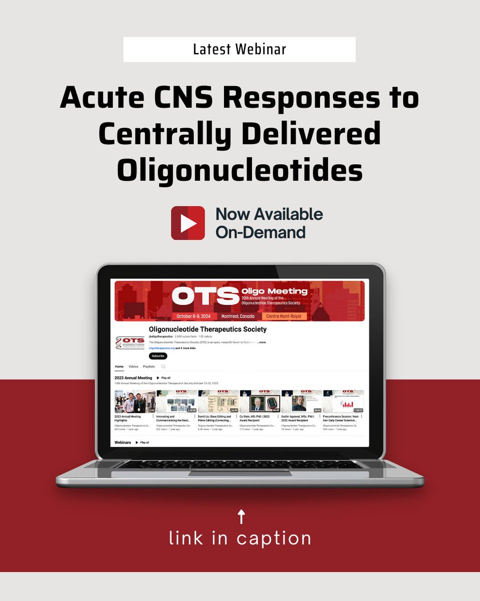 OTSociety's tweet photo. Would you like a systems-based framework for our most recent webinar, "Acute CNS Responses to centrally Delivered Oligonucleotides," by Paymaan Jafar-nejad, MD of Ionis is now available to watch on demand!

View it now at:
https://t.co/E7uIKUnqdL

#ots #oligotherapeutics https://t.co/dS0ipcsGMi