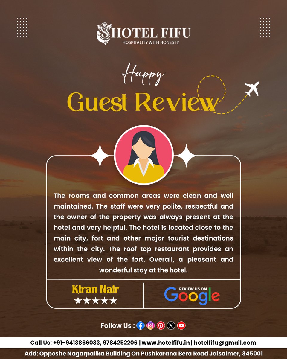 hotel_fifu's tweet photo. Grateful for such wonderful words from our valued guest ✨

📞 Call Us: +91 94138 66033
🌐 Website: https://t.co/9EsEWuJsTK

#HotelFifu #GuestReview #HappyGuests #HospitalityWithHonesty #JaisalmerHotels #BestStayInJaisalmer #RooftopView https://t.co/hUBwLc4cNg
