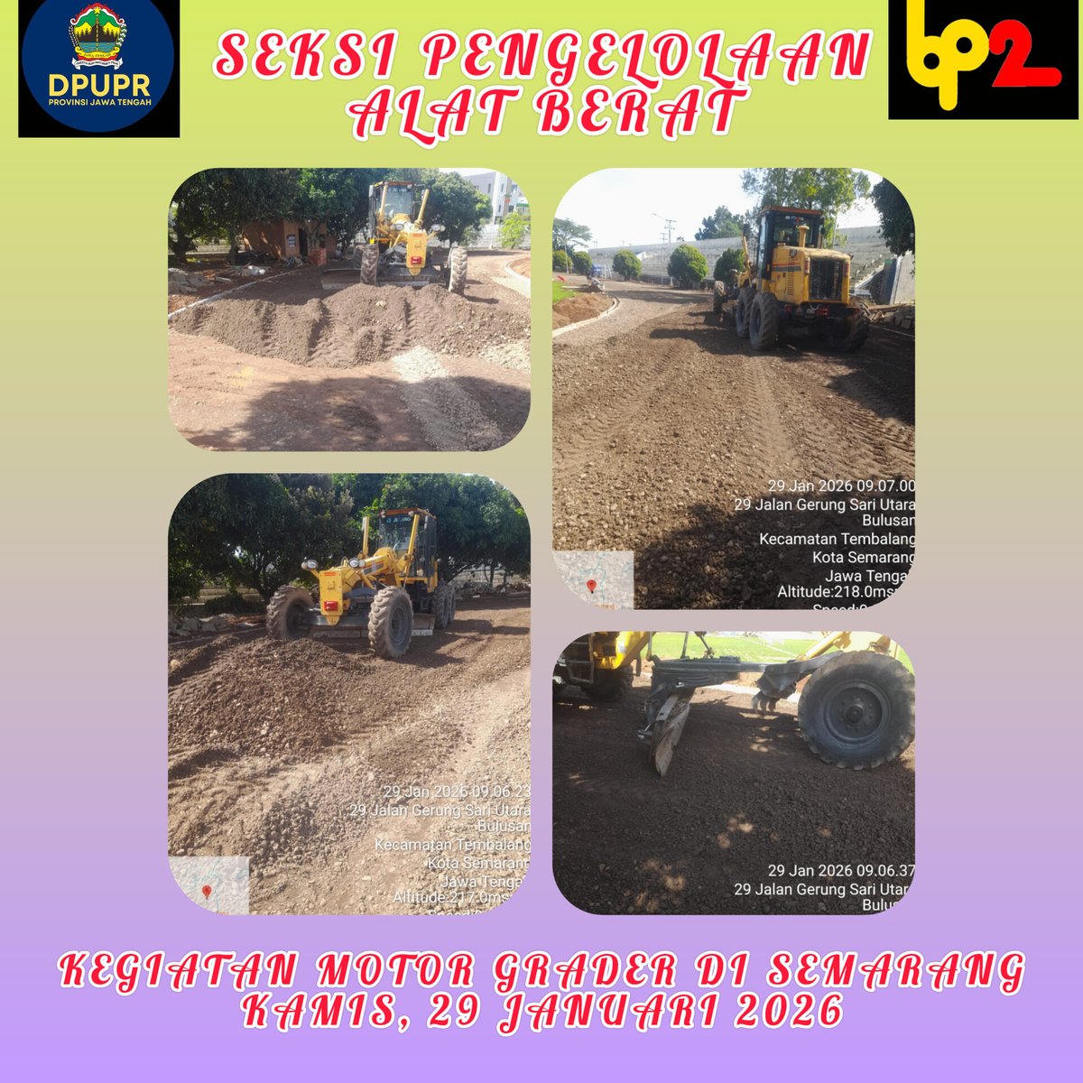 Bp2ProvJtg's tweet photo. Kegiatan pekerjaan Motor Grader di Semarang
Kamis, 29 Januari  2026

#ngopeninglakoni 
#ahmadluthfi 
@dpuprjateng 
@humasjateng 
@provjateng https://t.co/AdDpVLbmCR