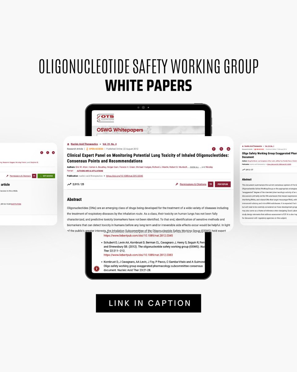 OTSociety's tweet photo. Our BOD Committees have compiled a list of important open-access Nucleic Acid Therapeutics (NAT) publications on the development of safe oligonucleotides, including valuable guidance from The Oligonucleotide Safety Working Group (OSWG).

https://t.co/ounthihIgC

#ots #science https://t.co/CATq7lI0HG