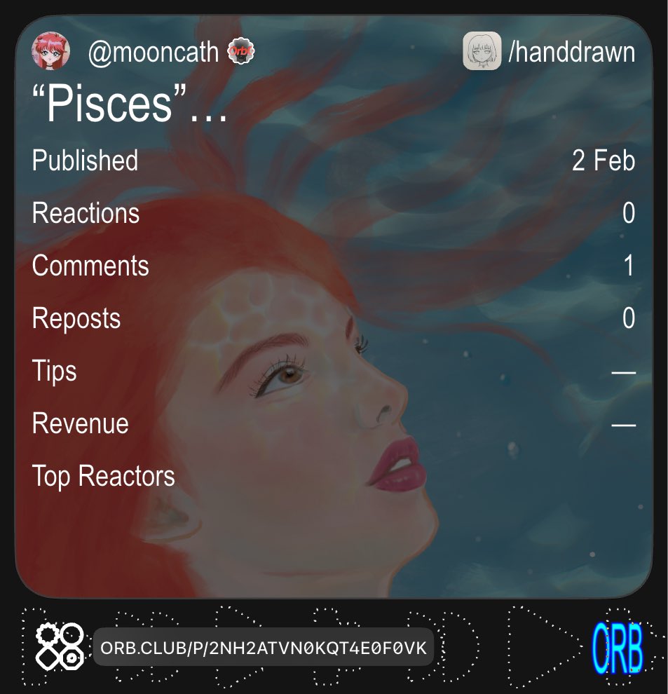 “Pisces”

Hand-drawn Digital Illustration.
Dedicated to Mama in Heaven. MYMP.
🩵💦🐟

8 Digital Editions Only | Lens Exclusive

Collect on Orb/Lens: orb.club/p/2nh2atvn0kqt…