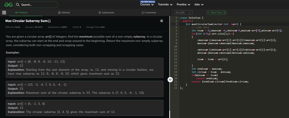 Subhojyoti_110's tweet photo. #POTD of @geeksforgeeks 

Problem : Max Circular Subarray Sum

Approach : Kadane’s Algorithm

#geeksforgeeks #dsa #competetiveprogramming #problemsolvingtech https://t.co/mGXA0HUUyS