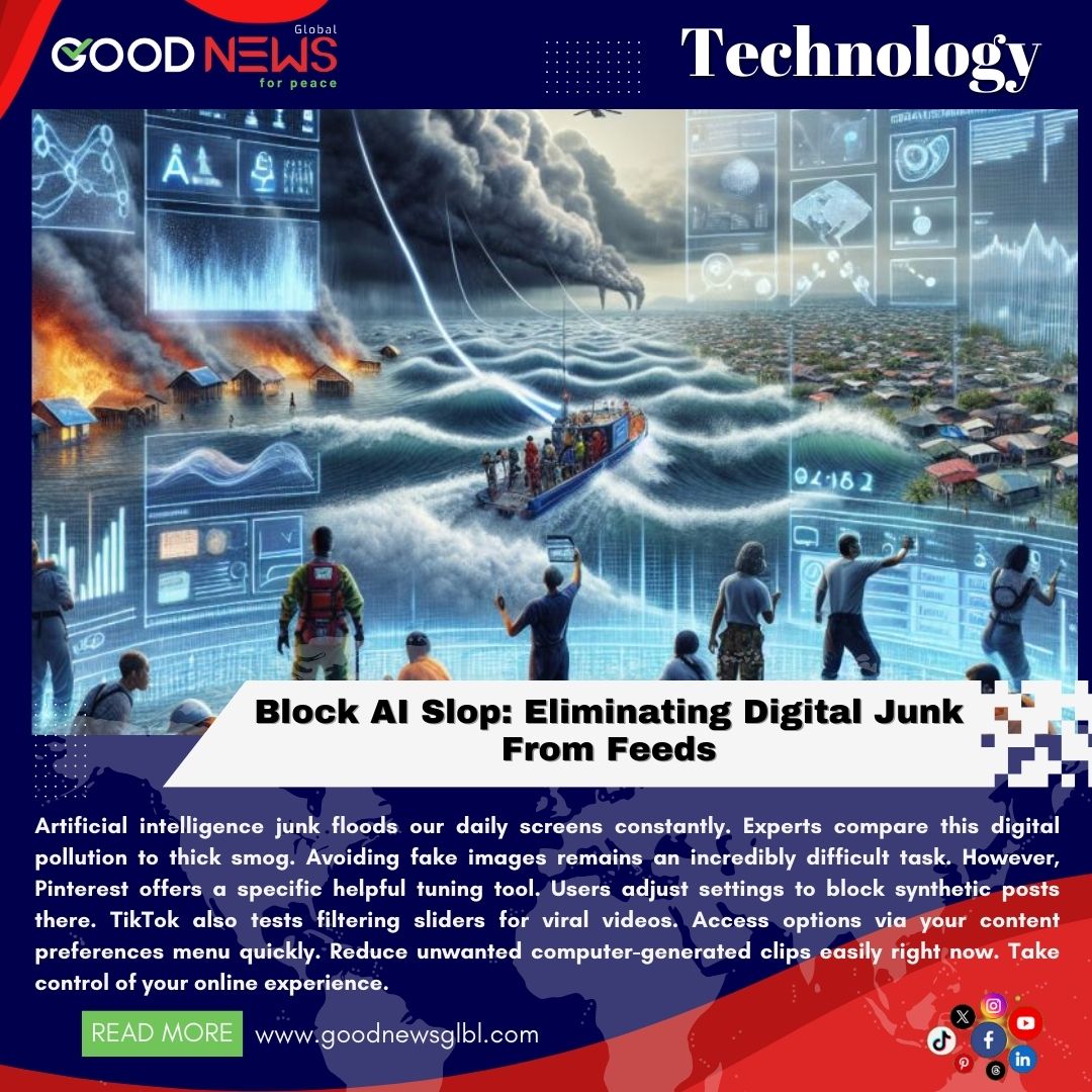 goodnewsglbl's tweet photo. Block AI Slop: Eliminating Digital Junk From Feeds...
Artificial intelligence junk floods our daily screens constantly. Experts compare this digital pollution to thick smog. 
#AISlop #ContentFiltering #SocialMediaTips https://t.co/I3i0Y3wy7A