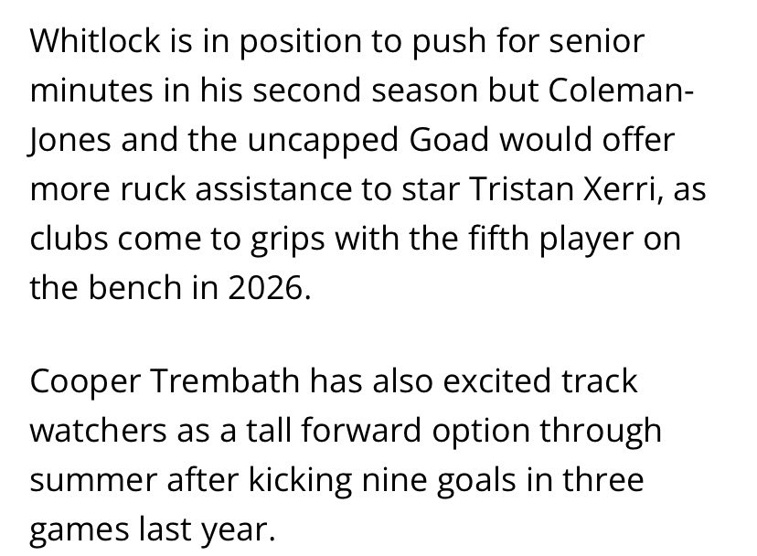 Code Sports has said that Zac Fisher has been moved from the back flank to the forward flank this pre-season, as the Kangas have adopted a tall forward line with back up rucks Taylor Goad and Callum Coleman-Jones rotated through the front half