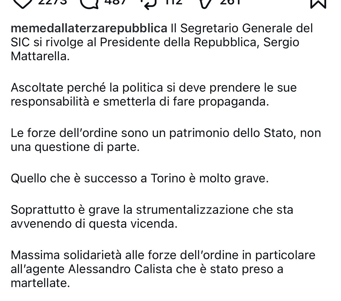 lisameyerildra1's tweet photo. Il Segretario Generale del Sic riguardo i fatti di Torino si rivolge a Mattarella e sottolinea che quelli violenti NON erano manifestanti, il governo Meloni deve smetterla di fare oscena propaganda, le forze dell’ordine sono patrimonio dello Stato e NON una questione di parte https://t.co/hUrZkoQPYT