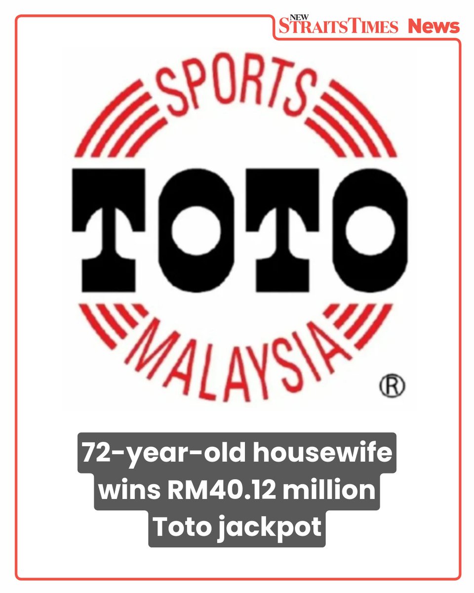 NST_Online's tweet photo. #NSTnation A 72-year-old housewife from Penang has become an instant multi-millionaire after winning the Supreme Toto 6/58 jackpot worth RM40.12 million on Jan 28 with a Lucky Pick ticket.

Read more: https://t.co/7FJ5g8iWQi https://t.co/MY8U85uIcf