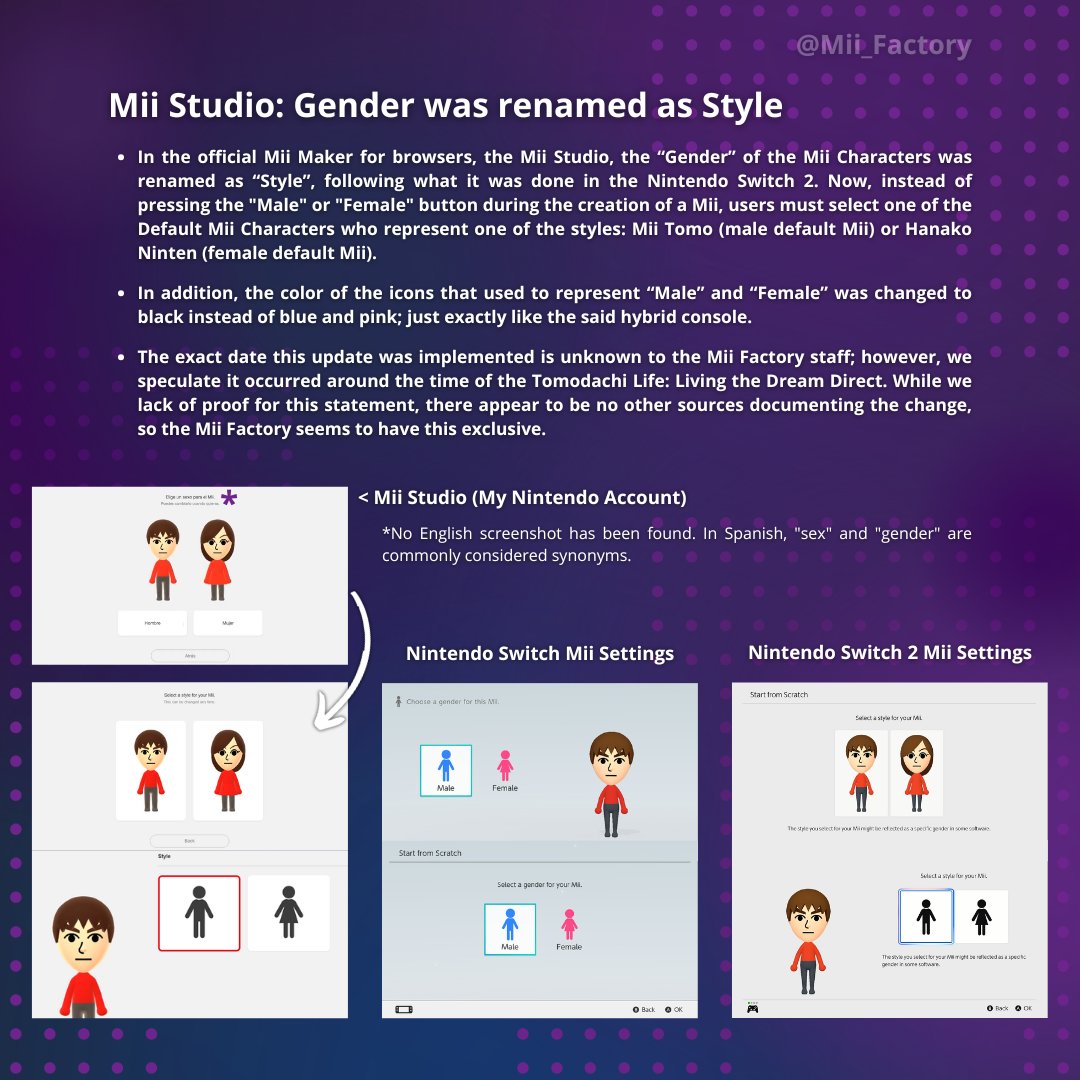 Mii_Factory's tweet photo. Mini #MiiNews flash:
In the official #MiiMaker for browsers, the #MiiStudio, the โGenderโ of the Mii Characters was renamed as โStyleโ, following what it was done in the #NintendoSwitch2. https://t.co/D1dm8JP1Pz