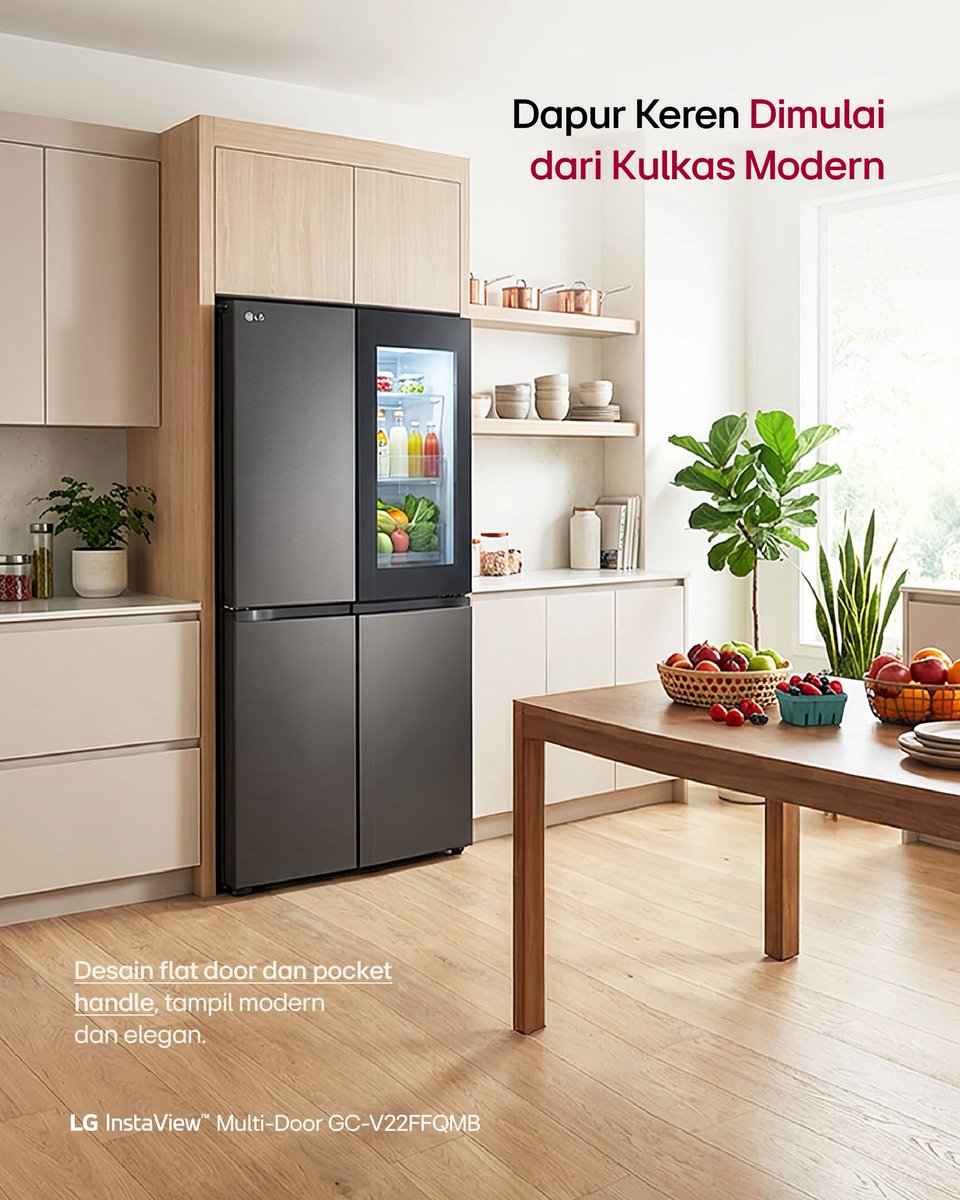 Tampilan dapur modern tercipta dari perpaduan desain dan fungsi yang selaras.

LG Kulkas InstaView™️ Multi Door hadir dengan desain flat door dan pocket handle yang memberikan kesan rapi, modern, dan elegan. Tidak hanya mempercantik dapur, desain ini juga mendukung kenyamanan