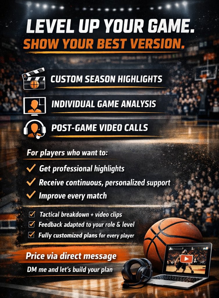 🏀 Basketball players
Want to showcase your season or improve game by game?
🎥 Custom highlights
📊 Individual analysis + post-game video calls
🛠️ Fully personalized ongoing support

💬 Price via direct message
📩 DM me and let’s build your plan
