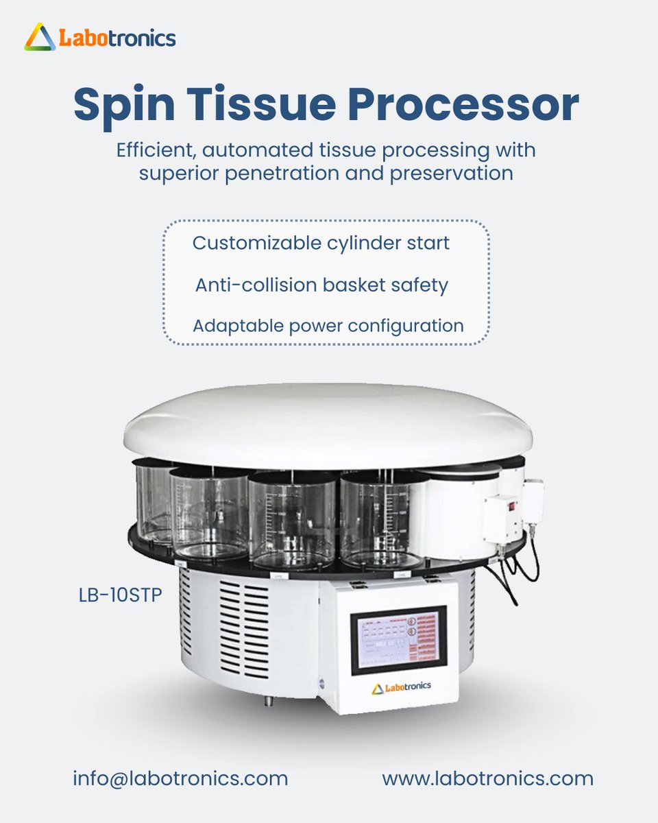Labotronics's tweet image. Spin Tissue Processor LB-10STP enables automated spin-based tissue dehydration,clearing,impregnation for streamlined histopathology sample preparation
Learn more: labotronics.com/spin-vacuum-ti…
info@labotronics.com

#Labotronics #SpinTissueProcessor  #PathologyEquipment #LabEquipment