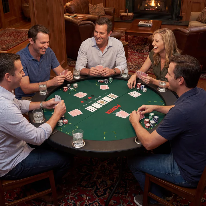 Goplusuper's tweet image. Deal the fun! ♠️ 
The Goplus 48" round casino table seats 8 players for Texas Hold'em and features sturdy metal legs. Perfect for game night! 

#PokerTable #GameRoom #CasinoNight