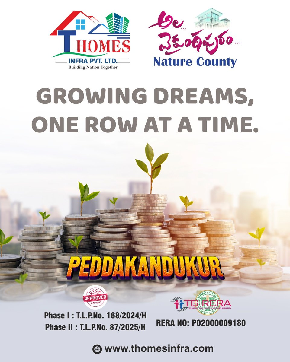 ThomesInfraOff's tweet photo. Growing dreams, one row at a time! Nature County, Peddakandukur - DTCP-approved plots with amazing potential. Start your journey with T Homes Infra!
Contact us today!
#thomesinfra #openplotshyderabad  #ResidentialPlotsinPeddakandukur #PremiumPlotsinPeddakandukur #SiteVisit https://t.co/czSCF2N6ps