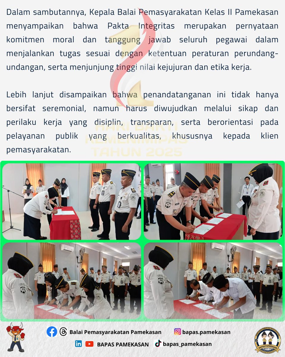 bapaspamekasan's tweet photo. Bapas Pamekasan melaksanakan Penandatanganan Pakta Integritas dan Komitmen Bersama, Senin (02/02/2026) di Aula Kantor. Kegiatan ini sebagai wujud komitmen mewujudkan kinerja yang profesional, berintegritas, dan bebas KKN.
#BapasPamekasan #PaktaIntegritas #Pemasyarakatan https://t.co/dTdLv1aV1C