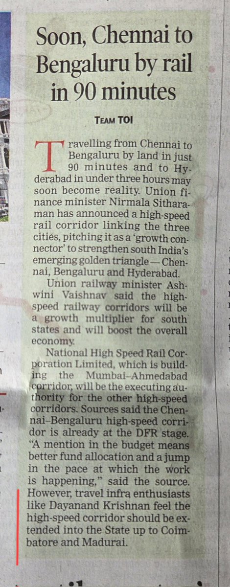 Our request in Leading Papers
#EconomicTimes #TheHindu #ToI #DTnext on
Tamil Nadu High-Speed Rail (HSR) network, 
<a href="/narendramodi/">Narendra Modi</a> <a href="/RailMinIndia/">Ministry of Railways</a>
8 Crore TN population will really benifit only if HSR alignment covers #Coimbatore &amp; #Madurai to #Chennai &amp; extended to Bengaluru &amp; HYD