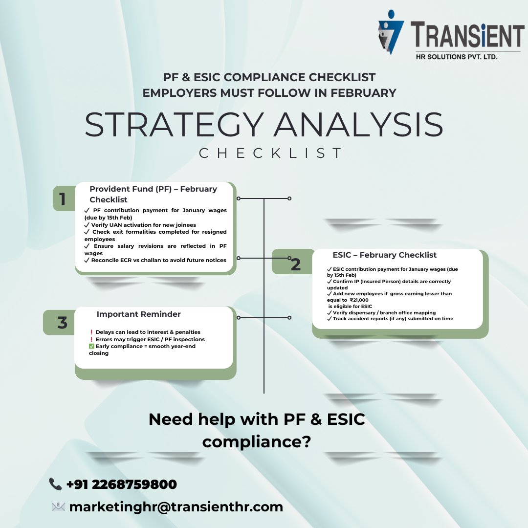 HrTransient's tweet photo. PF &amp; ESIC compliance in February isn’t optional—stay on track, avoid penalties, and keep your workforce secure.

#pfcompliance #esiccompliance #hrcompliance #transienthr #statutorycompliance https://t.co/cw2UeCCZ1I