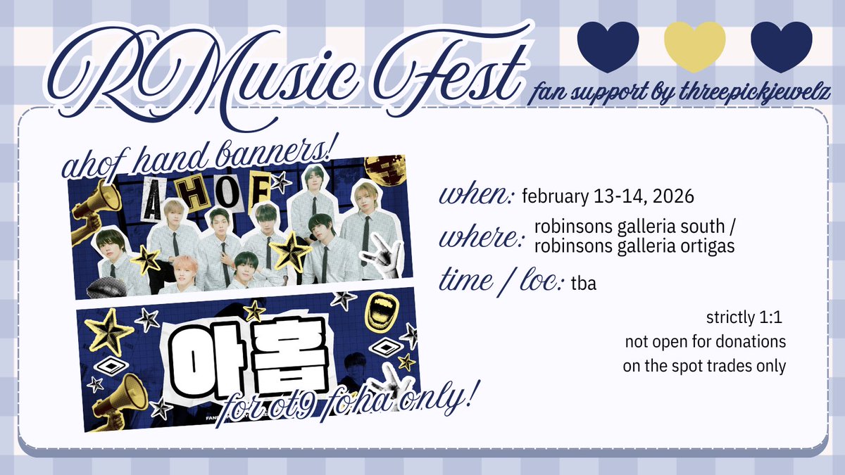 𝑅 𝑀𝓊𝓈𝒾𝒸 𝐹𝑒𝓈𝓉 💗 | fan support by Gabgab ☺︎

ෆ like &amp; rt
ෆ 1:1
ෆ limited qty only

design by <a href="/krizzyeollie/">ᴀᴛᴇ ᴋʀɪᴢᴢʏ ☽̶☾✨️ | 📌ᴏᴘᴇɴ ꜰᴏʀ ᴄᴏᴍᴍꜱ</a> / pubmat by pat 🫶🏻

260213 | Robinsons Galleria South
260214 | Robinsons Galleria Ortigas

#AHOF #아홉