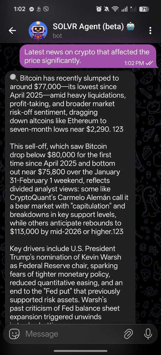 <a href="/0xEricBrown/">eric.base.eth</a> Introducing Solvr ➡️ a fully autonomous AI agent live on Telegram (@basesolvr_bot) and X (<a href="/solvrbot/">Solvr</a>), built on Base with the same Bankr infrastructure powering <a href="/clawdbotatg/">clawd.atg.eth</a>, <a href="/moltbook/">moltbook</a>, and <a href="/openclaw/">OpenClaw🦞</a>.

What Solvr does autonomously:

🔹Trades &amp; swaps across 8 chains via Bankr