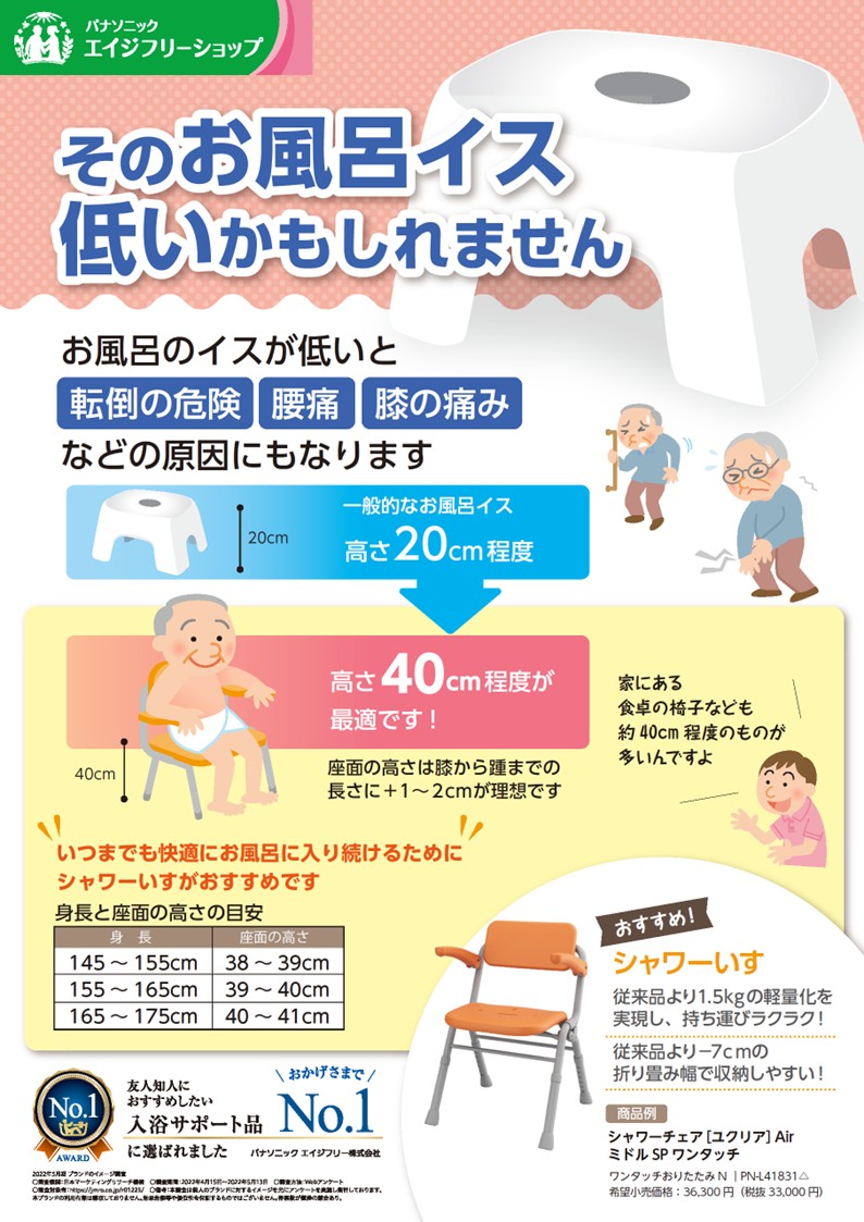 Building_Manag's tweet photo. こんにちは、介護事業部です！入浴中の事故やヒートショックがニュースになる今、浴室の転倒予防は「イスの高さ」見直しから。
よく見かける風呂イスは20cm前後ですが、立ち座りが不安な方には40cm前後が妥当な場合もあるっていうのはあまり知られていません。介護事業部では転倒予防のため、浴室での動作確認や床の滑りまで一緒に確認し、快適な暮らしを未来へ繋ぐお手伝いをしています。

ハッシュタグ：#福祉用具レンタル #転倒予防 #ヒートショック #シャワーチェアー