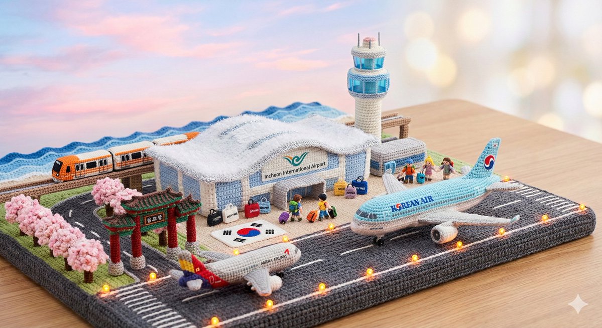 futurelogg's tweet image. Google Gemini Nano Banana pro 3.0 + Grok imagine 

Prompt

A highly detailed miniature diorama entirely made of crochet and amigurumi yarn, whimsical cute style, featuring a grand crocheted Incheon International Airport terminal with distinctive curved wave-shaped roof in soft…