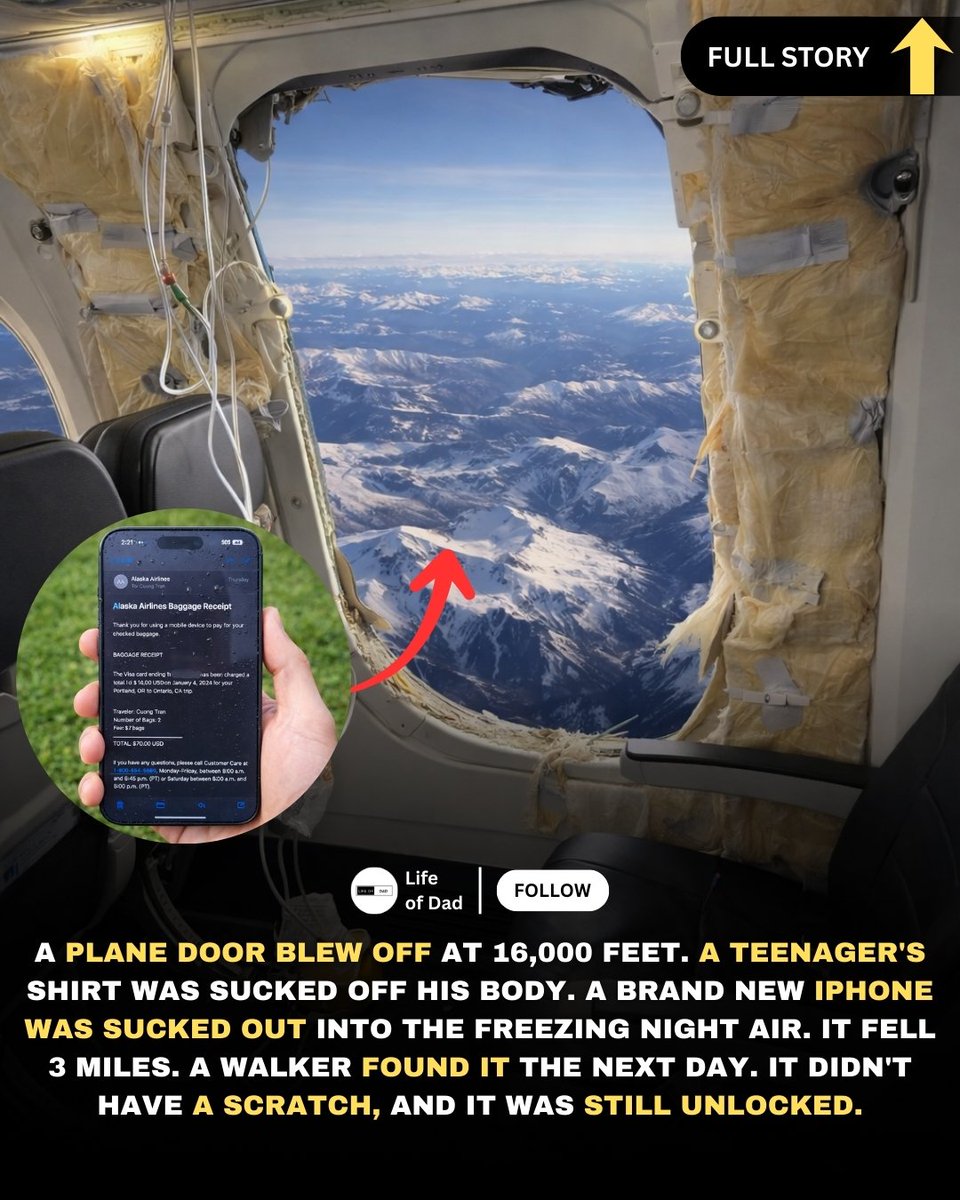 LifeofDad01's tweet photo. In January 2024, Alaska Airlines Flight 1282 suffered a catastrophic depressurization when a door plug blew out mid-air. The force of the vacuum was so violent it ripp3d the shirt off a teenage boy sitting in row 26. Alongside the debris, an iPhone belonging to a passenger was sucked out of the cabin, tumbling 16,000 feet (5 kilometers) through the night sky. Terminal velocity for a phone is about 60 mph, usually enough to shatter it on impact. However, a man named Sean Bates was walking on the side of a road in Portland, Oregon, when he saw a phone lying in a patch of grass. To his shock, the screen was unbroken. When he swiped up, it was unlocked and open to the Alaska Airlines baggage claim email. The phone had survived a drop from the stratosphere without a case, likely cushioned by the specific angle it hit the soft, wet grass. It remains the most extreme "drop test" in history.