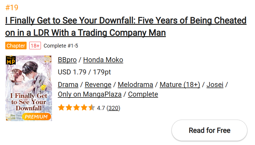 GSComic_PR's tweet photo. ⋱⋱ #MangaPlaza 𝚁𝚊𝚗𝚔 𝚒𝚗 ⋰⋰
「I Finally Get to See Your Downfall: Five Years of Being Cheated on in a LDR With a Trading Company Man」
✑#BBpro (@BB_hensyu) / #HondaMoko #本多モコ(@moko_0118)
🔗https://t.co/vL0yJ5Hv9G
総合 月間ランキング 19位✨
ドラマジャンル 月間ランキング3位🏅✨
2月もお楽しみください❣
原題: 『やっとお前が地獄に行くとこ見れるね ~商社マンに遠距離不倫されていた私の5年間~』
@MangaPlaza_EN