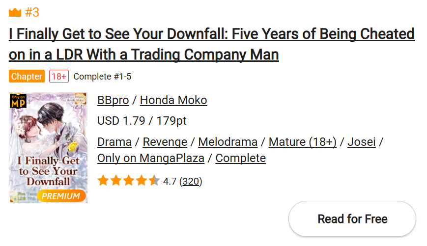 GSComic_PR's tweet photo. ⋱⋱ #MangaPlaza 𝚁𝚊𝚗𝚔 𝚒𝚗 ⋰⋰
「I Finally Get to See Your Downfall: Five Years of Being Cheated on in a LDR With a Trading Company Man」
✑#BBpro (@BB_hensyu) / #HondaMoko #本多モコ(@moko_0118)
🔗https://t.co/vL0yJ5Hv9G
総合 月間ランキング 19位✨
ドラマジャンル 月間ランキング3位🏅✨
2月もお楽しみください❣
原題: 『やっとお前が地獄に行くとこ見れるね ~商社マンに遠距離不倫されていた私の5年間~』
@MangaPlaza_EN